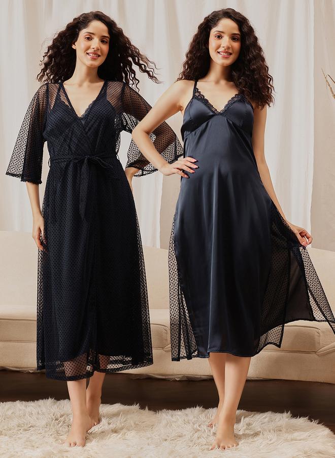 Clovia Pack of 2 - Lace Trim Satin Robe and Slip Dress - Image 1